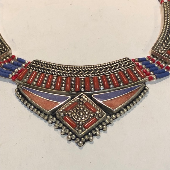 Lapis Lazuli & Coral Tibetan Silver Necklace - Picture 3 of 6